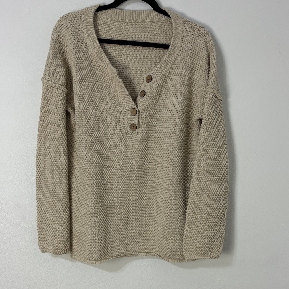 Cozy Cream Waffle Knit Henley Sweater Rustic CabinCore Outdoorsy Relaxed Size XL